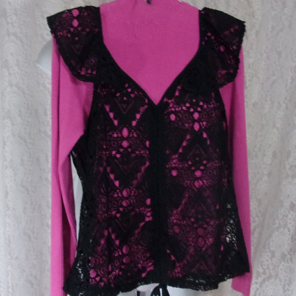 Black Lace Pop Over Top Blouse Ruched Front  Size L  NWT